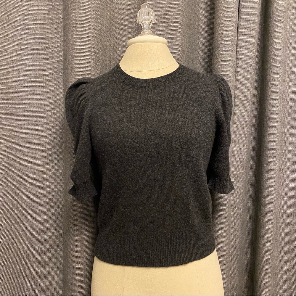 FRAME Charcoal Grey Short Puff-Sleeve Cashmere Sweater